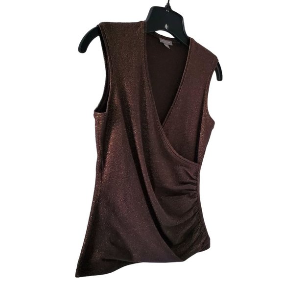 Ann Taylor Sleeveless Surplice V-neck Top | Like New | XSP | Brown Gold Metallic - Picture 2 of 13